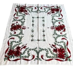 Vintage Christmas Tablecloth printed cotton white red poinsettias holly FLAWS